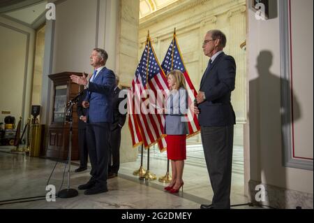 Washington, United States. 10th June, 2021. Senator Roger Marshall, R-KS, speaks during a news conference in the US Capitol in Washington, DC., on Wednesday, June 10, 2021. The conference, held by Senate republicans, discussed Big Tech and coronavirus censorship. Photo by Bonnie Cash/UPI. Credit: UPI/Alamy Live News Stock Photo