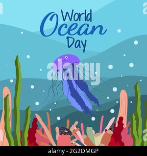 World ocean day in cartoon style on blue background with cute jellyfish, seaweed and corals. Square orientation. Vector graphic. June 8. Stock Vector