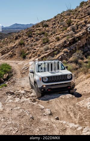2017 Jeep Renegade Deserthawk at difficult rocky section of Black Gap Road, 4WD road in Big Bend National Park, Texas, USA Stock Photo