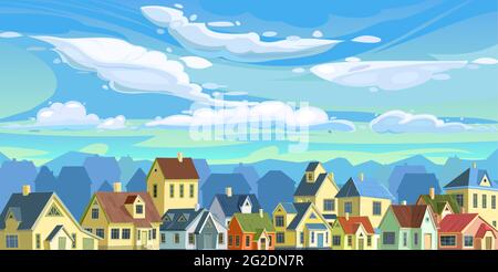 A village or a small rural town. Small houses. Street in a cheerful cartoon flat style. Small cozy suburban cottages with sky. Vector. Stock Vector