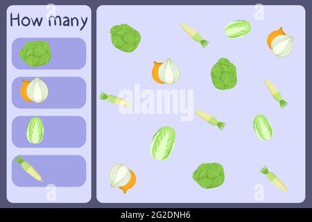 Kids mathematical mini game - count how many vegetables - cabbage, onion, daikon. Educational games for children. Cartoon design template on colorful backdrop. Vector graphic. Stock Vector