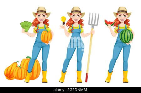 Beautiful woman farmer, set of three poses. Cute girl farmer cartoon character. Stock vector illustration on white background Stock Vector
