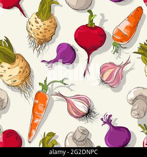 Vector seamless pattern background with vegetables, food menu template Stock Vector