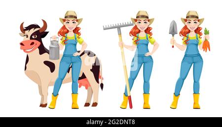 Beautiful woman farmer, set of three poses. Cute girl farmer cartoon character. Stock vector illustration Stock Vector