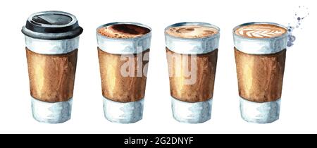 Coffee to go set. Watercolor hand drawn illustration, isolated on white background Stock Photo