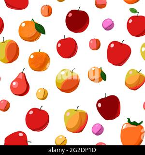 The most popular red and orange fruits are fruit trees. Seamless background image. Isolated. Cartoon flat style. Apples, pears, plums, bananas Stock Vector