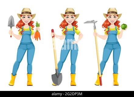 Beautiful woman farmer, set of three poses. Cute girl farmer cartoon character with carrots, with shovel and with hoe. Stock vector illustration on wh Stock Vector