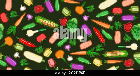 Garden vegetables. Cartoon flat style. Seamless. Zucchini, cucumber, carrots, peppers, potatoes, onions, garlic, herbs, beets, eggplant. Dark Stock Vector