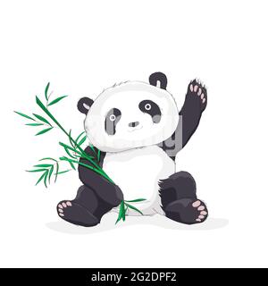 Vector sketch illustration of a panda bear waving hello and holding bamboo leaves Stock Vector