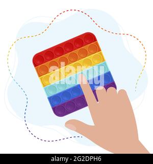 Trendy pop it fidget in Rainbow colors. Hand play with Sensory fidget antistress toy. Vector illustration in flat style Stock Vector