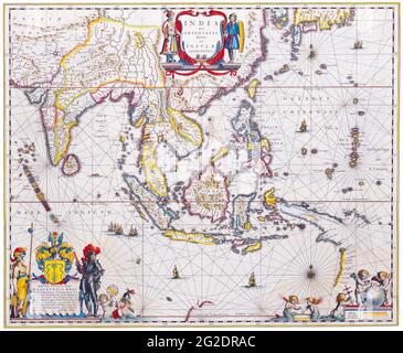 Old Map of Asia, Retro Asia Map, Vintage Asia Map, Antique Asia Map, Antique Maps of the World, Map of South East Asia, Willem Blaeu, c 1650 Stock Photo