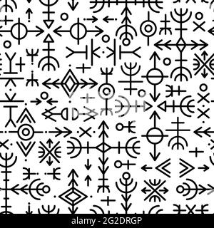 Ethnic Norwegian Icelandic seamless pattern. Runic talismans of the Vikings and northern peoples. Magic and magical runes. Pagan signs. Futhark Stock Vector