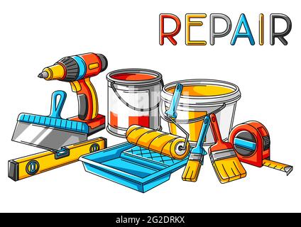 Background with repair working tools. Equipment for construction industry. Stock Vector