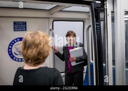Washington, United States Of America. 10th June, 2021. United States Senator Jeanne Shaheen (Democrat of New Hampshire) boards a train in the Senate subway during a vote at the US Capitol, in Washington, DC, Thursday, June 10, 2021. Credit: Rod Lamkey/CNP/Sipa USA Credit: Sipa USA/Alamy Live News Stock Photo