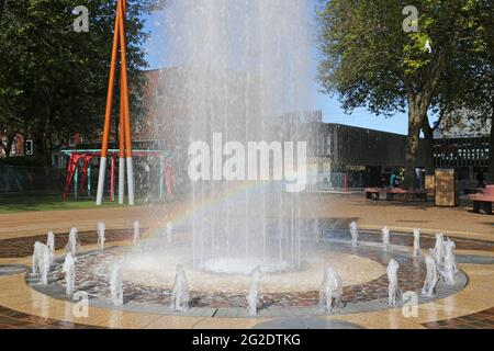 Rainbow in pavement water fountain, Bull Yard, Coventry, West Midlands, England, Great Britain, UK, Europe Stock Photo