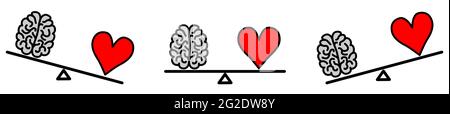 Cute Kawaii style brain and heart on seesaw weight scales, balanced or one side heavier version, emotions and rational thinking conflict concept Stock Vector