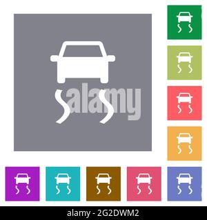 Slippery road dashboard indicator flat icons on simple color square backgrounds Stock Vector