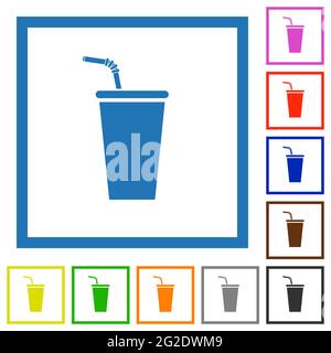 Disposable drinking cup with straw flat color icons in square frames on white background Stock Vector