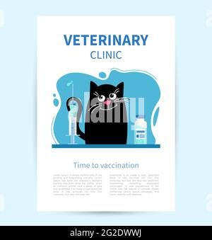 Poster Veterinary Clinic. Happy cat looks at syringe with an injection. Stock Vector
