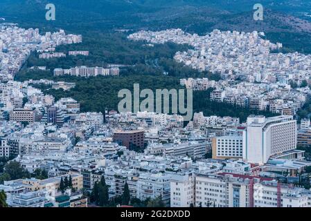 View of the city of Athens from Mount Lycabettus, Greece. Stock Photo