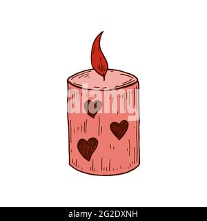 Hand drawn burning candle with hearts. Vector illustration. Valentines day design element Stock Vector