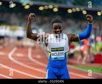 Florence, Italy. June 10 2021; Muller Diamond League Grand Prix Athletics, Florence and Rome; Omar McLeod hands in the air as he celebrates winning the 110m hurdles Credit: Action Plus Sports Images/Alamy Live News Stock Photo