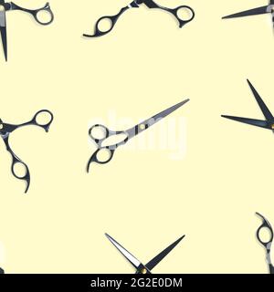 Seamless pattern of black scissors. professional hairdresser black scissors isolated on yellow. Black barber scissors, close up. pop art background Stock Photo