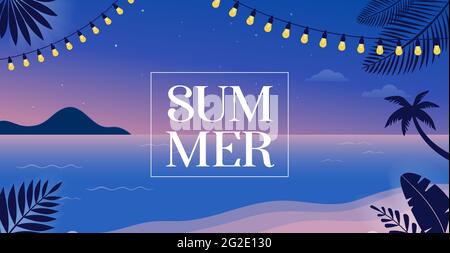 Summer time fun concept design. Creative background of landscape, night, evening panorama of sea and beach. Summer sale, post template Stock Vector
