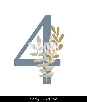 Number decorated with flowers, floral monogram vector illustration in simple boho style, flat pastel colored decorative lettering collection Stock Vector