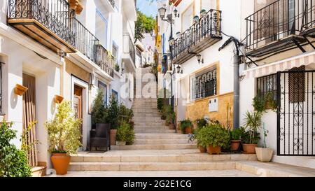 Narrow street with steps, white houses and potted plants in ancient neighborhood El Barrio or Casco Antiguo Santa Cruz in Alicante old town on Stock Photo