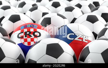 Czech Republic vs. Croatia Soccer Match - Leather balls in Czech Republic and Croatia national colors. 3D Rendering Stock Photo