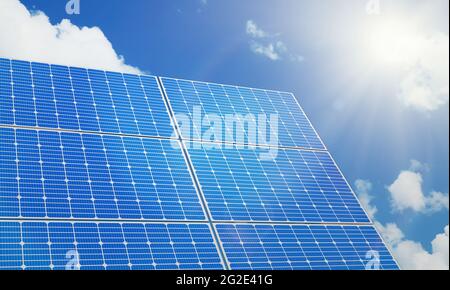 Solar panel illustration with 3D render and sky in background. Photovoltaic, renewable energy sources concept Stock Photo