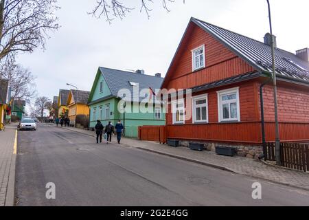 Trakai, Lithuania - February 16, 2020: Typical wooden Karaim house in Trakai. It is a popular tourist destination for its old typical houses and its m Stock Photo