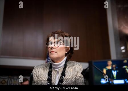 United States Senator Jacky Rosen (Democrat of Nevada) listens to the panel during a Senate Committee on Armed Services hearing to examine the Department of Defense budget posture in review of the Defense Authorization Request for fiscal year 2022, in the Dirksen Senate Office Building in Washington, DC, Thursday, June 10, 2021. Credit: Rod Lamkey/CNP /MediaPunch Stock Photo