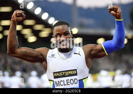 Florence, Italy. 10th June, 2021. Omar Mcleod of Jamaica reacts after winning the 110m hurdles Men during the Wanda Diamond League Golden Gala meeting at the Luigi Ridolfi stadium in Florence, Italy, June 10th, 2021. Photo Andrea Staccioli/Insidefoto Credit: insidefoto srl/Alamy Live News Stock Photo