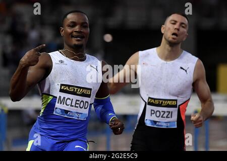 Florence, Italy. 10th June, 2021. Omar Mcleod of Jamaica reacts after winning the 110m hurdles Men during the Wanda Diamond League Golden Gala meeting at the Luigi Ridolfi stadium in Florence, Italy, June 10th, 2021. Photo Andrea Staccioli/Insidefoto Credit: insidefoto srl/Alamy Live News Stock Photo