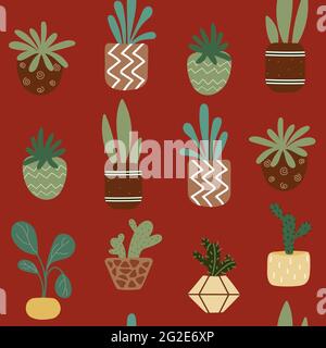 Home potted plants seamless pattern. Pattern in earthy and natural colors in boho style Stock Vector