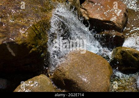 A mountain stream pours on the stones. Waterfall in the river. Rapids on the stream. The stones are wet with water. Beautiful background of a waterfal Stock Photo