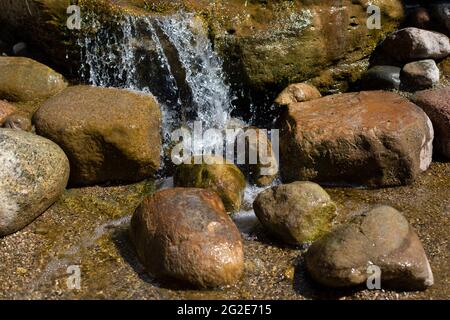 A mountain stream pours on the stones. Waterfall in the river. Rapids on the stream. The stones are wet with water. Beautiful background of a waterfal Stock Photo