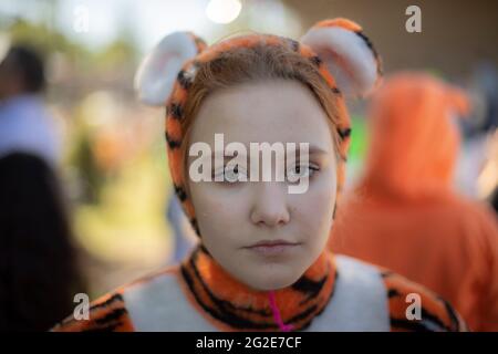 A girl dressed as a tiger. Children's animotr in a soft costume of a wild cat. A cute girl with red hair dressed in a cheerful outfit. Stock Photo