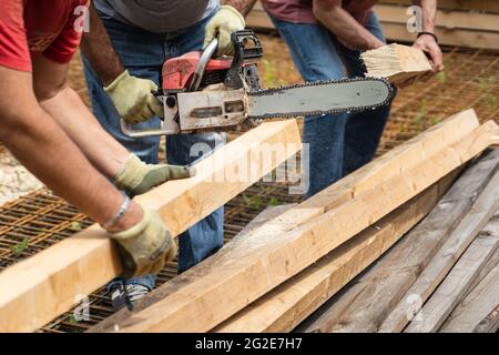 Close up on hands of unknown men holding chainsaw at warehouse or construction site sawing and cutting lumber wood Stock Photo