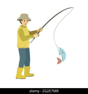 A fisherman in yellow boots and a hat caught a fish with a fishing rod isolated on a white background. Stock Vector