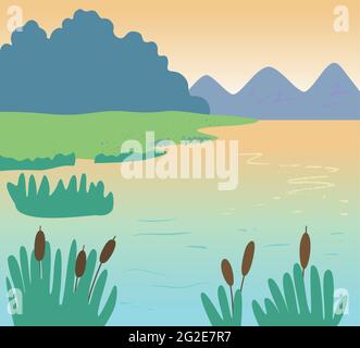 Evening minimalistic landscape with lake, mountains, coast and trees. Stock Vector