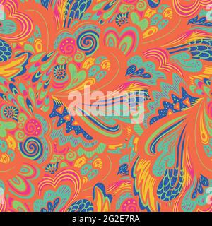 Bright colorful hippie seamless psychedelic pattern with abstract curly and plant elements. Stock Vector