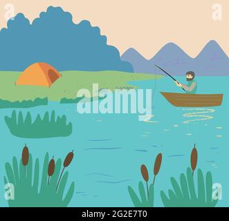 A bearded man with a fishing rod is fishing in a boat in the evening on the lake. Orange tent on the beach.  Stock Vector