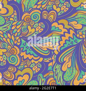 Bright colorful hippie seamless psychedelic pattern with abstract curly and plant elements. Stock Vector