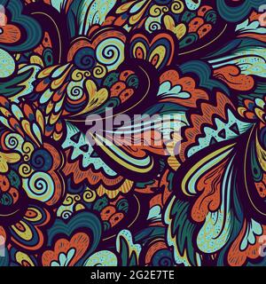 Bright colorful hippie seamless psychedelic pattern with abstract curly and plant elements. Stock Vector