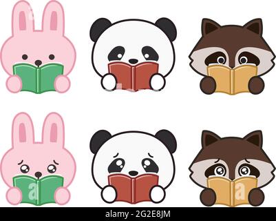 Set of animals impressed by books. Vector illustration isolated on white background. Stock Vector