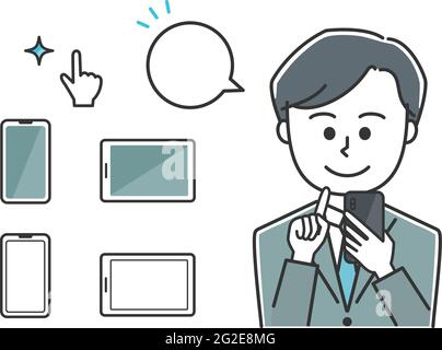 Young man tapping a mobile phone with a speech bubble. Vector illustration isolated on white background. Stock Vector