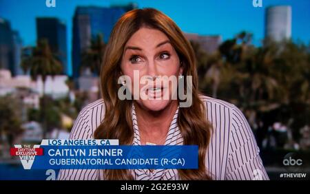 June 10, 2021, Los Angeles, California, USA - CAITLYN JENNER, who is running for California governor, is interviewed on ABC's 'The View.' When asked during the interview whether she believes that Donald Trump had won the 2020 election, she dodged the question, saying, ''I'm not going to get into that. That election is over with.(Credit Image: © Abc/The View/ZUMA Wire) Stock Photo